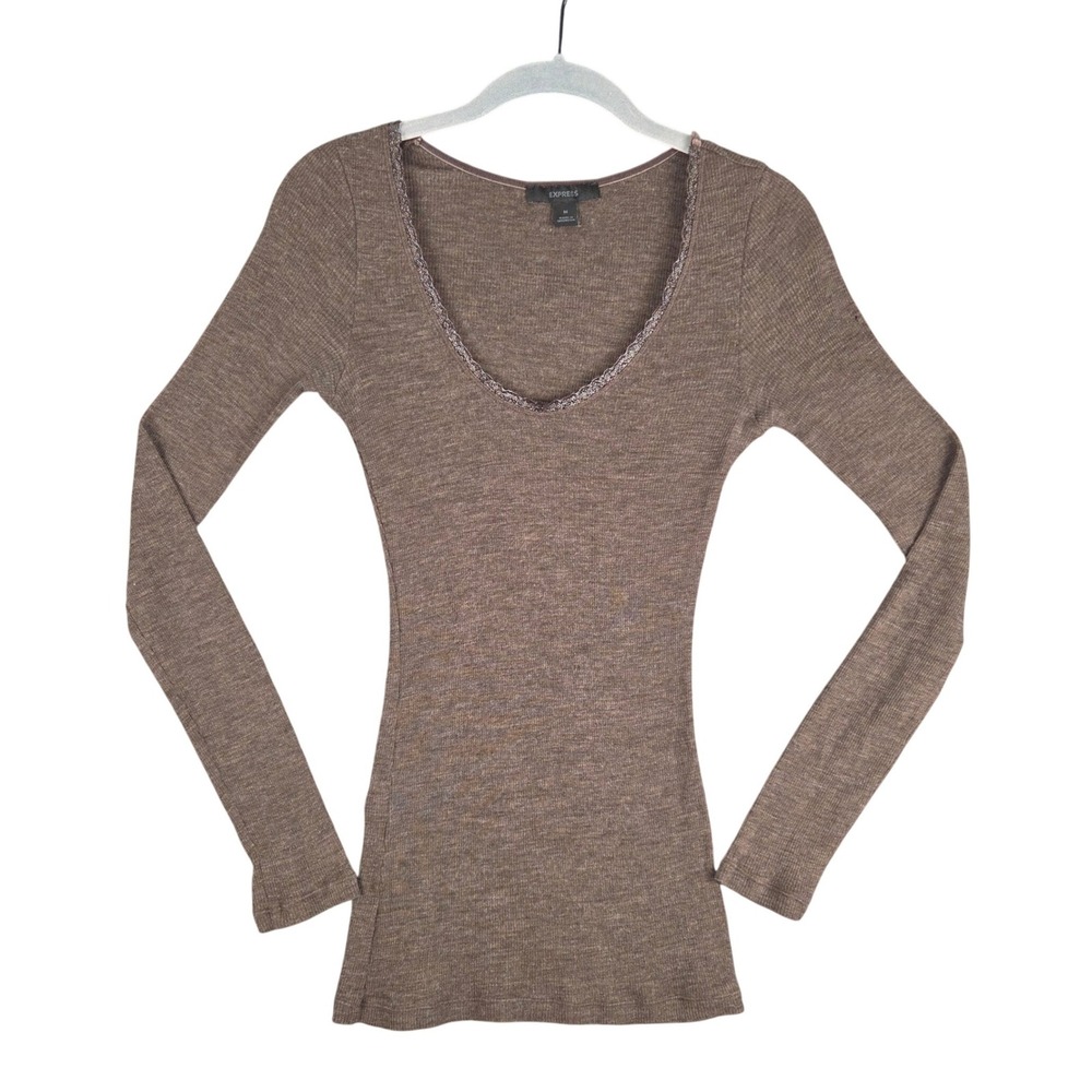 Vintage Y2K Express Brown Wool Blend Ribbed Lace Trim Top M Elena Gilbert